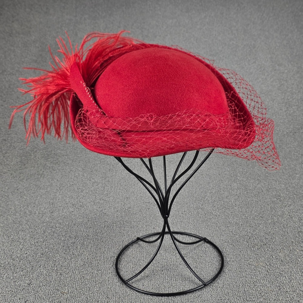 Geo W Bollman Vintage Wool Feather Veil Hat Women Red Ostrich Pillbox OS